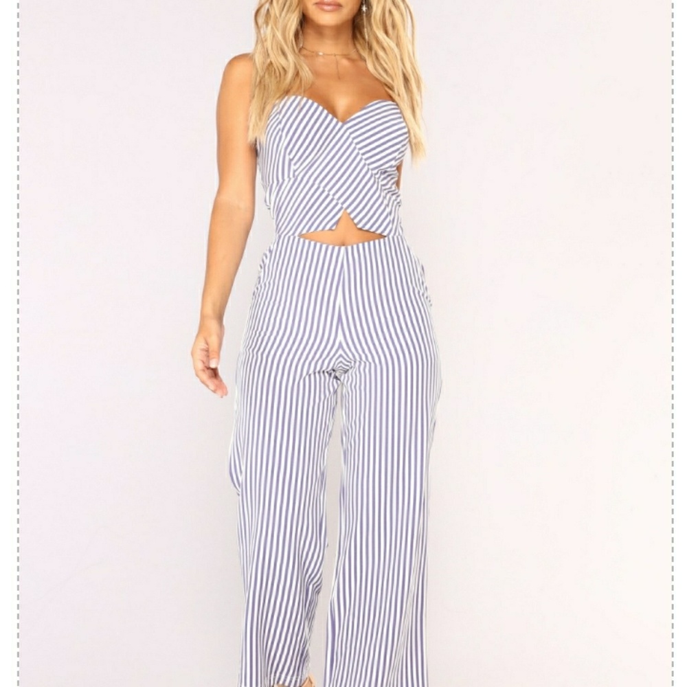 PINSTRIPE STRAPLESS CUTOUT JUMPSUIT